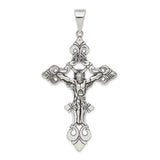 Sterling Silver Crucifix Pendant with Jesus Figure and INRI Scrollwork, Gothic Fleur-de-Lis Style