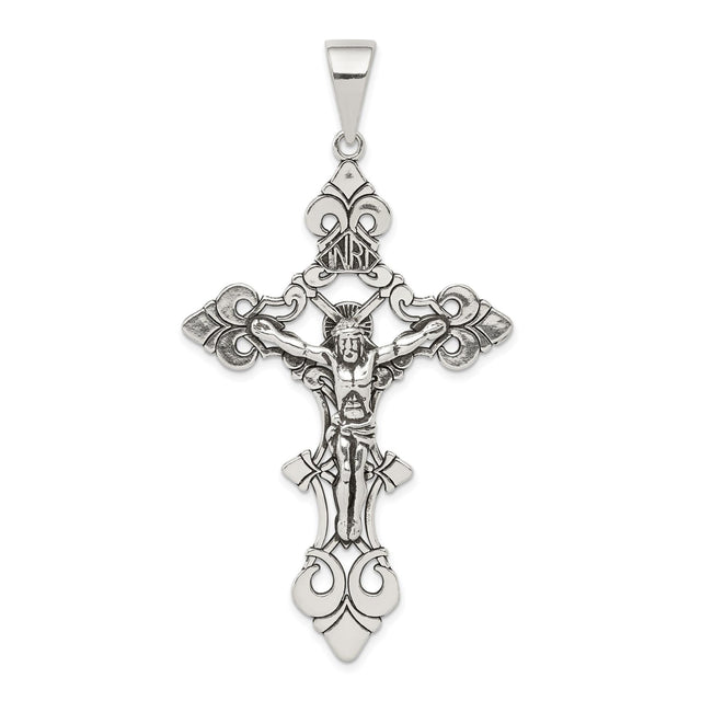Sterling Silver Crucifix Pendant with Jesus Figure and INRI Scrollwork, Gothic Fleur-de-Lis Style
