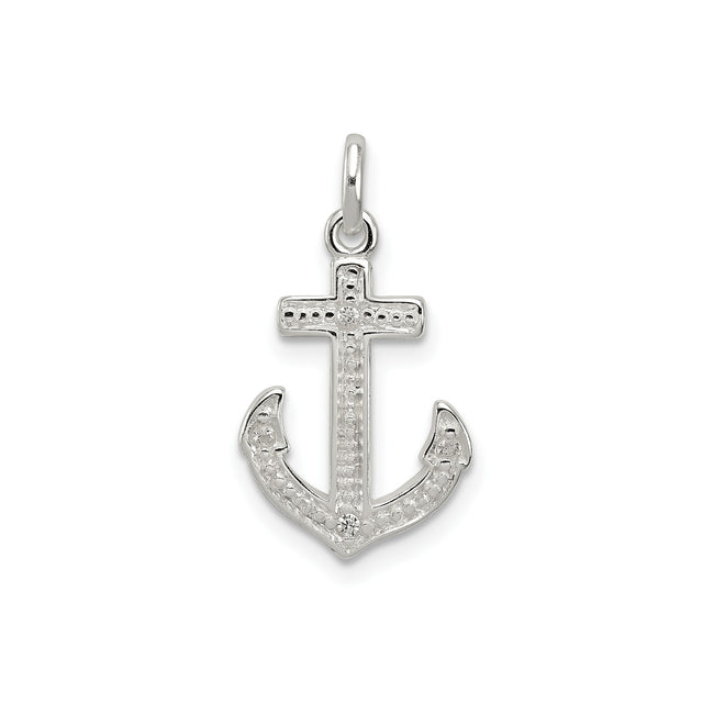 Sterling Silver Anchor Cross Pendant with Cubic Zirconia, Nautical Faith and Hope Design