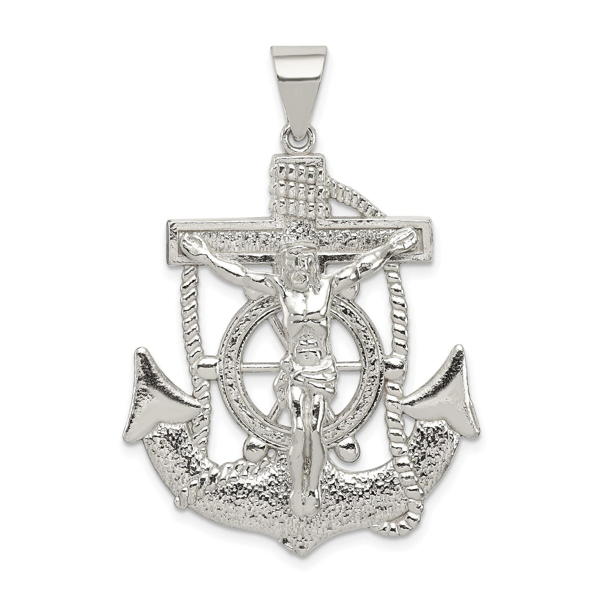 Sterling Silver Crucifix Anchor Cross Pendant with Nautical Maritime Rope Design