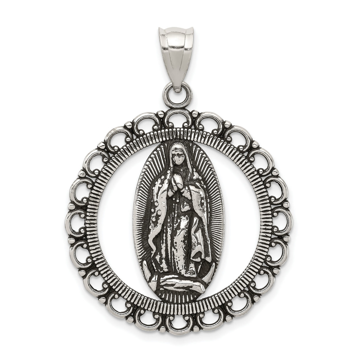 Sterling Silver Virgin Mary Pendant, Our Lady of Guadalupe Oval Medal, Catholic Religious Jewelry