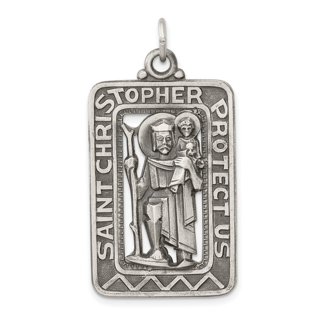 Protect Us Saint Christopher Rectangle Charm Pendant in Real 925 Sterling Silver