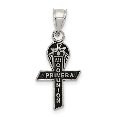 Sterling Silver Cross Pendant with Dove and Mi Primera Comunion Inscription