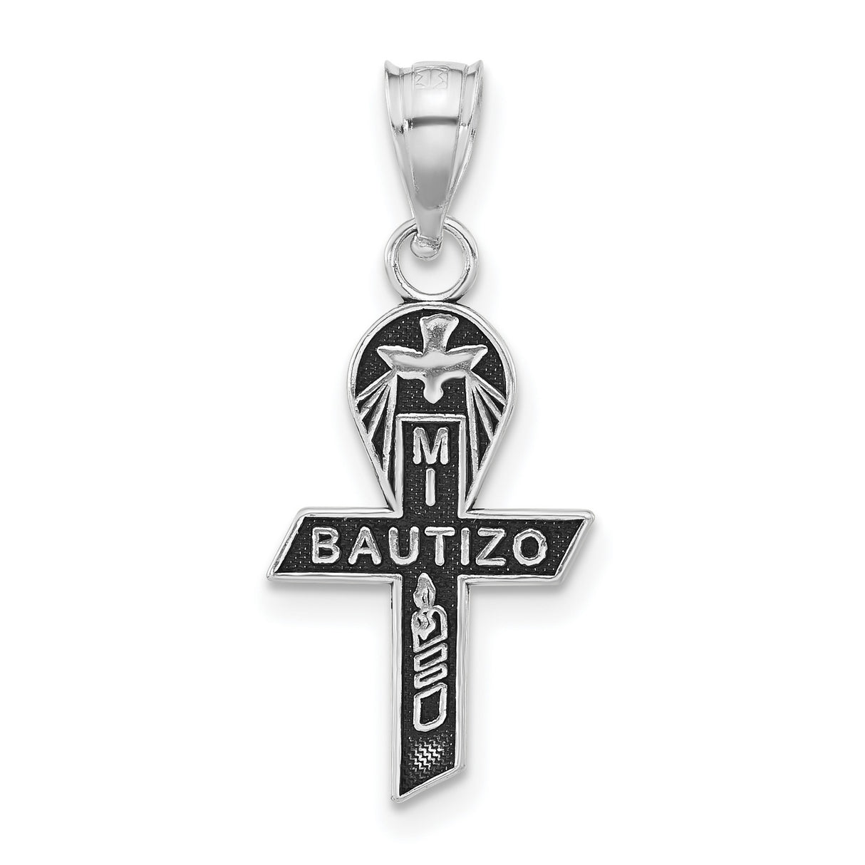 Sterling Silver Cross Pendant with Mi Bautizo Dove Candle and Rays Design for Baptism or Christening