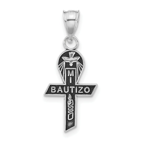 Sterling Silver Cross Pendant with Mi Bautizo Dove Candle and Rays Design for Baptism or Christening
