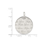 Sterling Silver Faith Love Hope Pendant, Round Disc with Script Engraving, Inspirational Jewelry for Women