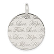 Sterling Silver Faith Love Hope Pendant, Round Disc with Script Engraving, Inspirational Jewelry for Women