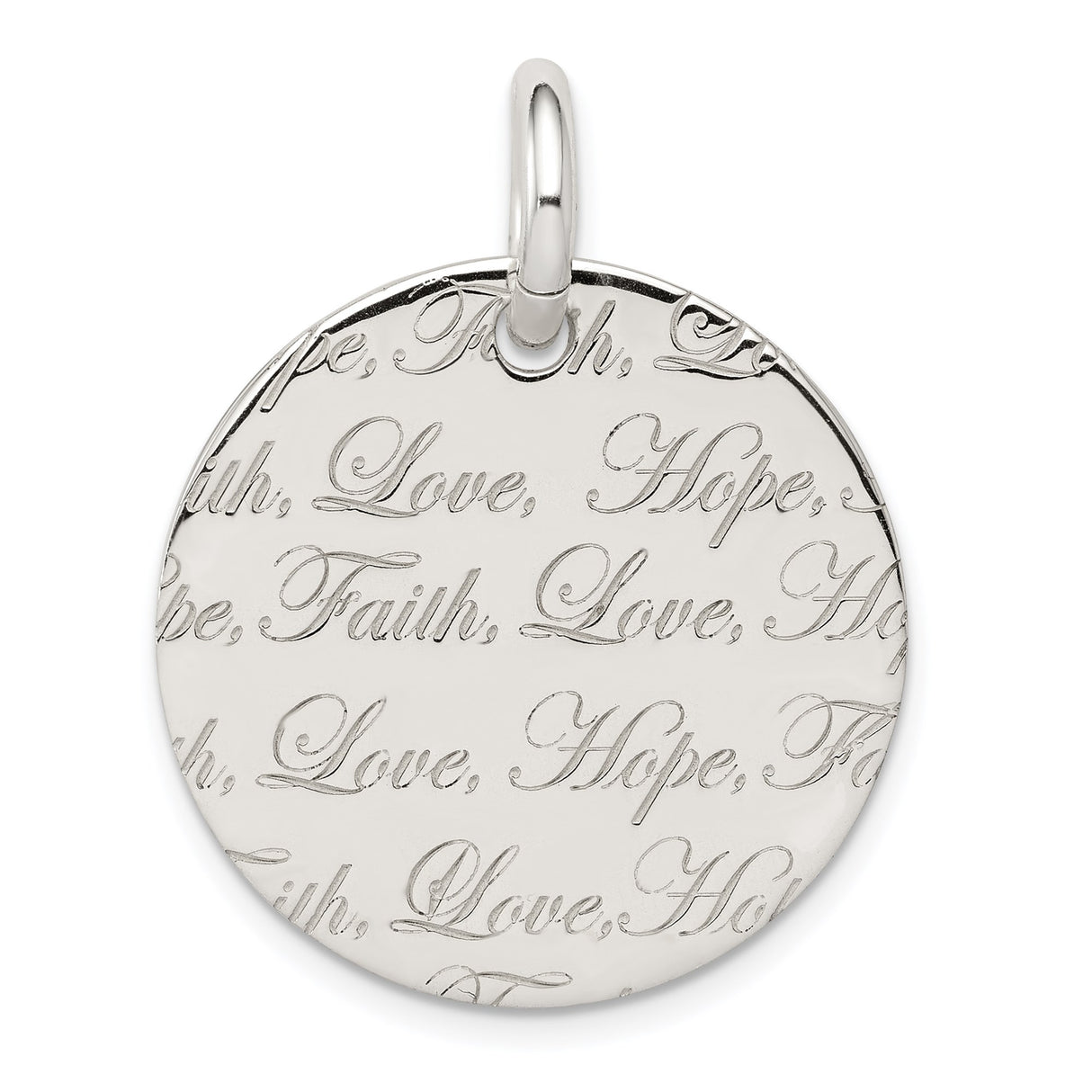 Sterling Silver Faith Love Hope Pendant, Round Disc with Script Engraving, Inspirational Jewelry for Women