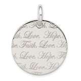 Sterling Silver Faith Love Hope Pendant, Round Disc with Script Engraving, Inspirational Jewelry for Women