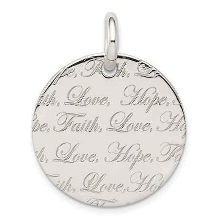 Polished Love Hope Faith Engraved Charm Pendant in Real 925 Sterling Silver