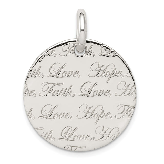Sterling Silver Faith Love Hope Pendant, Round Disc with Script Engraving, Inspirational Jewelry for Women