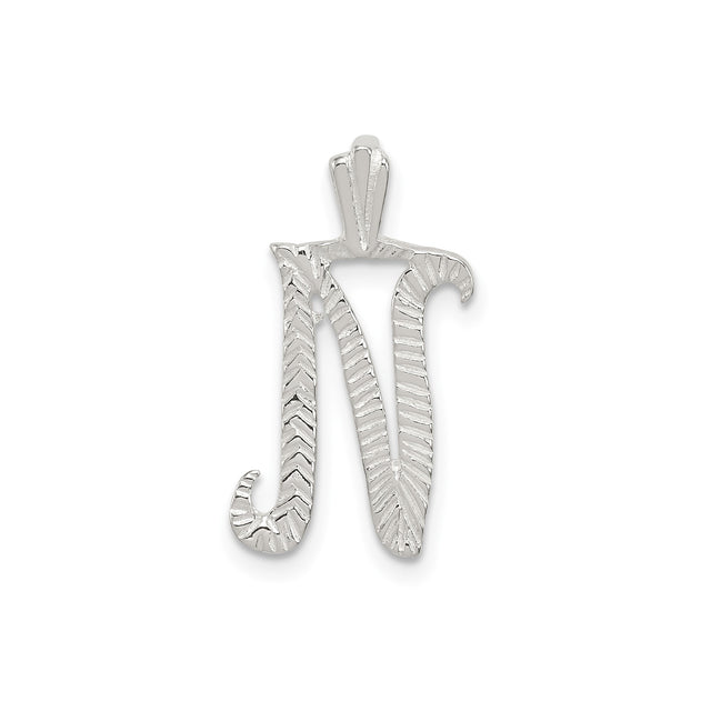 Sterling Silver N Initial Pendant with Chevron Pattern and Polished Script Letter Charm