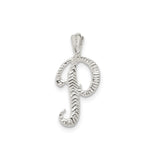 Sterling Silver Letter P Pendant with Zigzag Pattern, Script Initial Charm, Unisex Monogram Jewelry