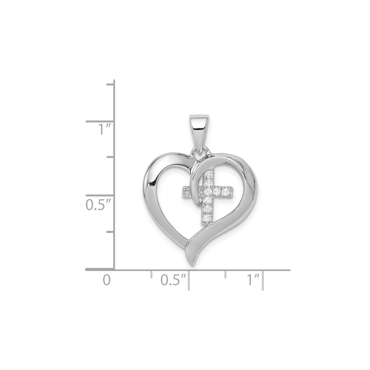 Sterling Silver Cross Pendant with Open Heart and Pave Cubic Zirconia Design