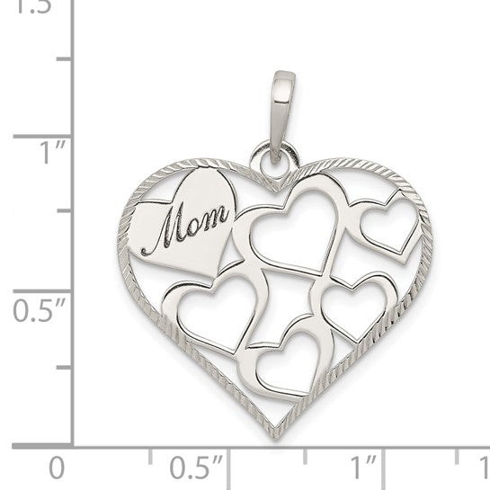 Sterling Silver Heart Pendant with Openwork Hearts and Mom Design for Women