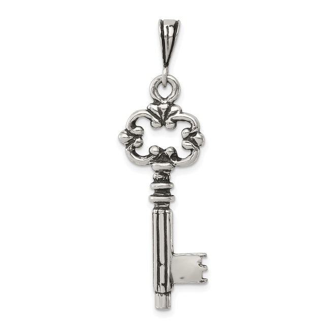 Sterling Silver Key Pendant with Ornate Filigree Design, Vintage Skeleton Charm for Women and Men