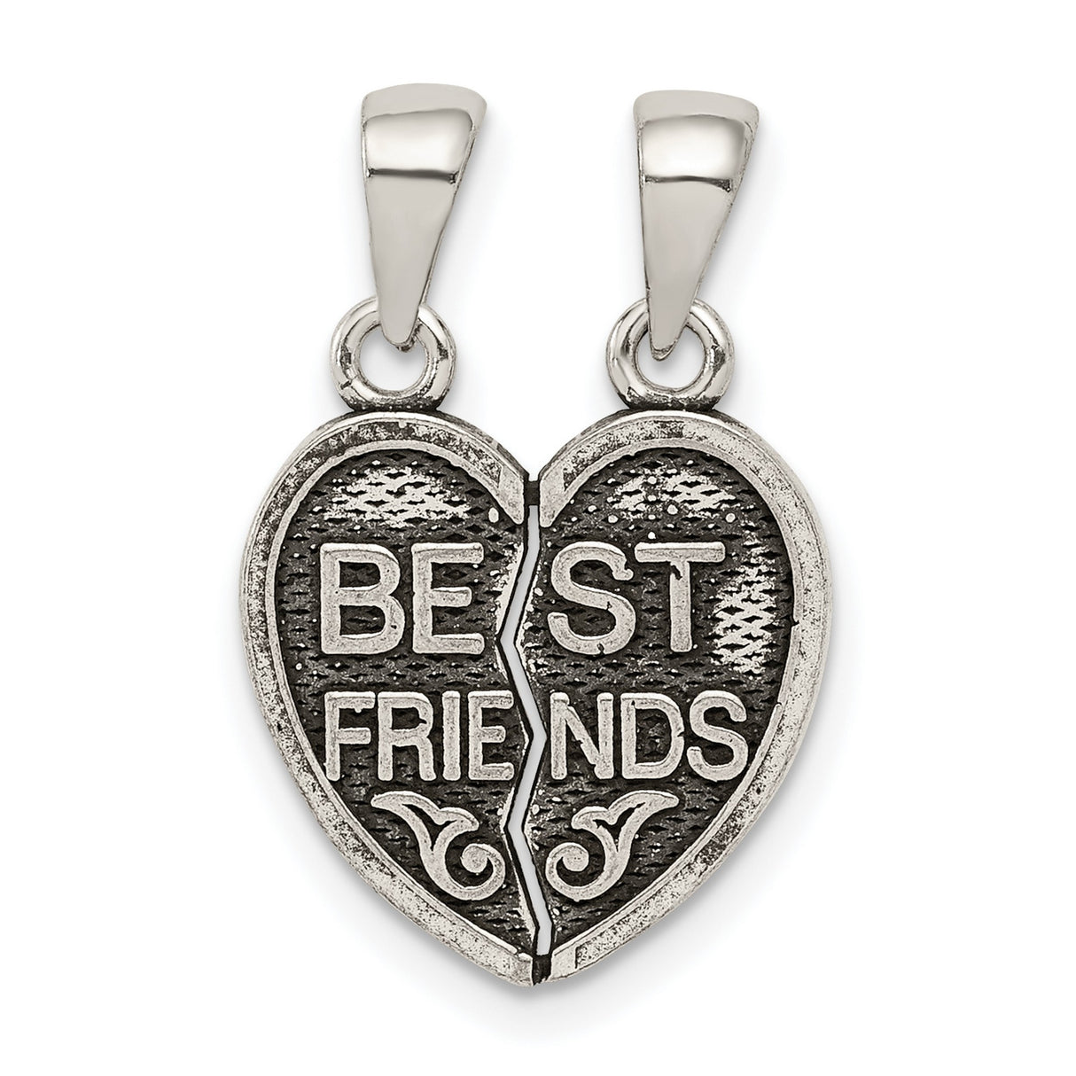 Antiqued Mini Best Friends Break Away Heart Charm Pendant in Real 925 Sterling Silver