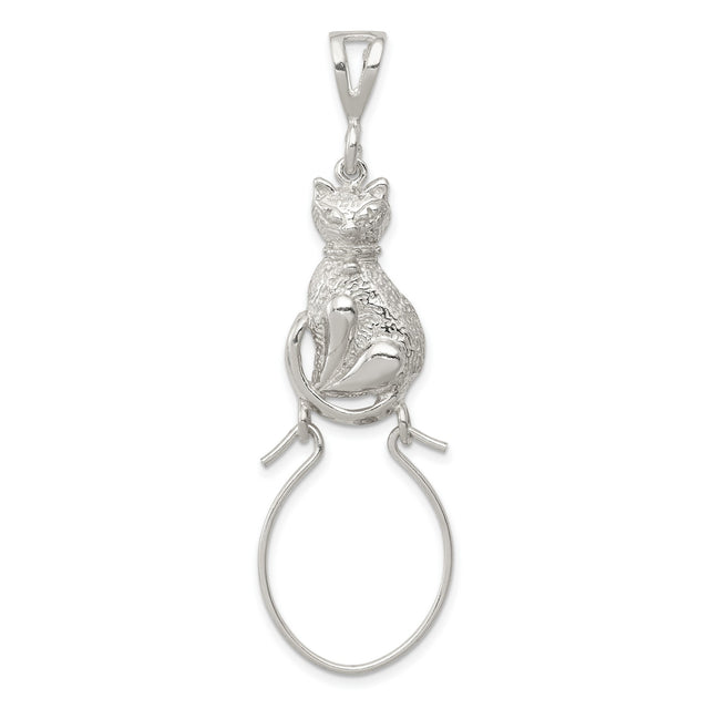 Cat Sitting on Holder Charm Pendant in Real 925 Sterling Silver