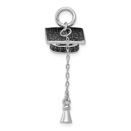 Graduation Day Cap with Black CZ Stones and Tassel Charm Pendant in Real 925 Sterling Silver