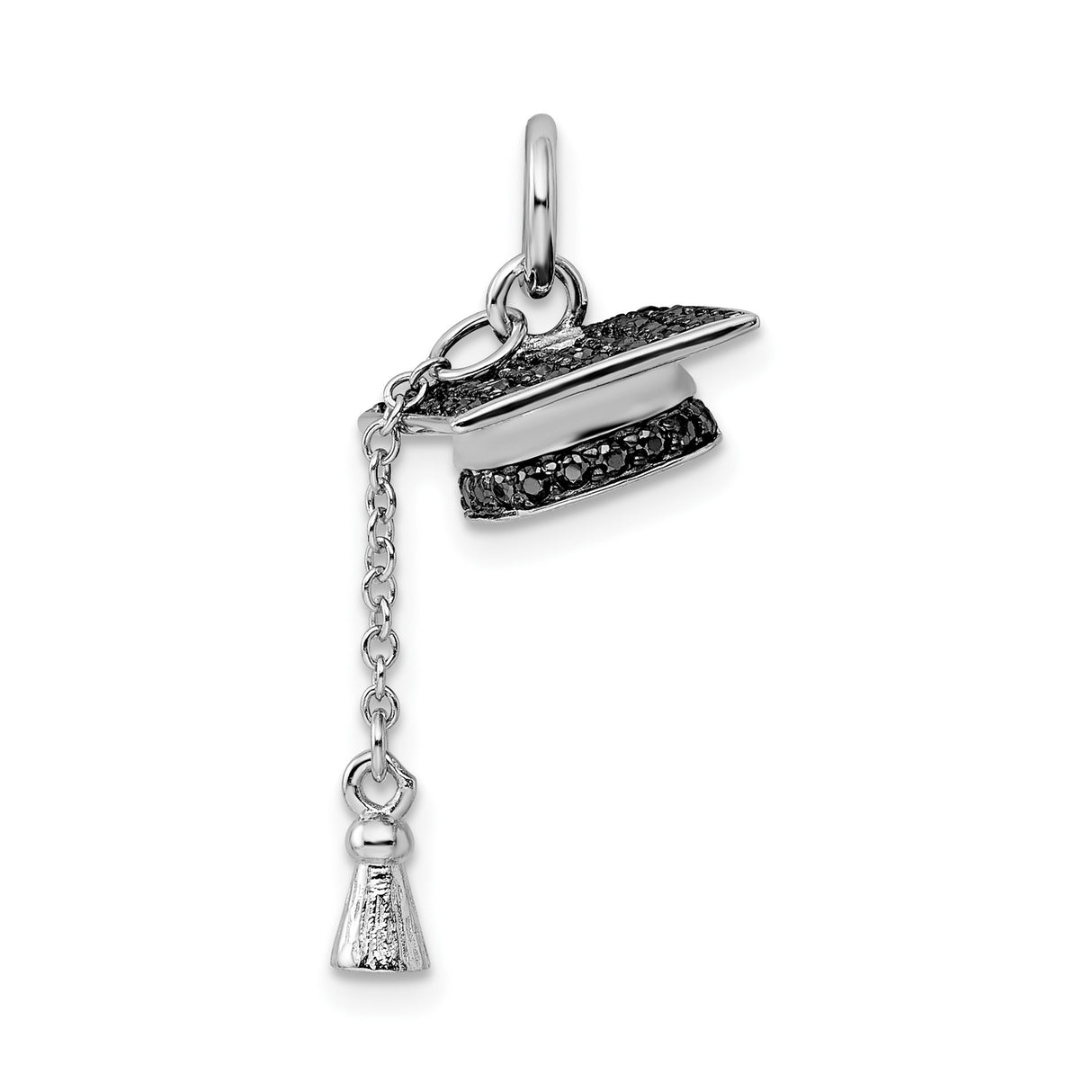 Graduation Day Cap with Black CZ Stones and Tassel Charm Pendant in Real 925 Sterling Silver