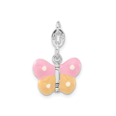 Sterling Silver Butterfly Charm with Pink and Orange Enamel, Polka Dot Design