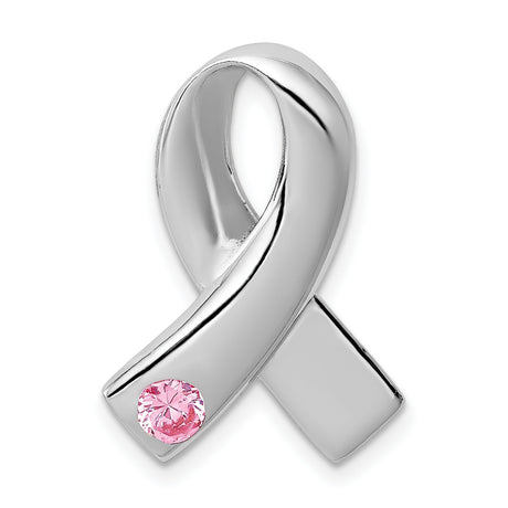 Sterling Silver Awareness Ribbon Pendant with Cubic Zirconia, Pink Stone, Breast Cancer Tribute