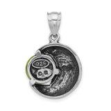 Sterling Silver Crescent Moon Face Pendant with Green Glass Orb, Celestial Boho Jewelry for Women