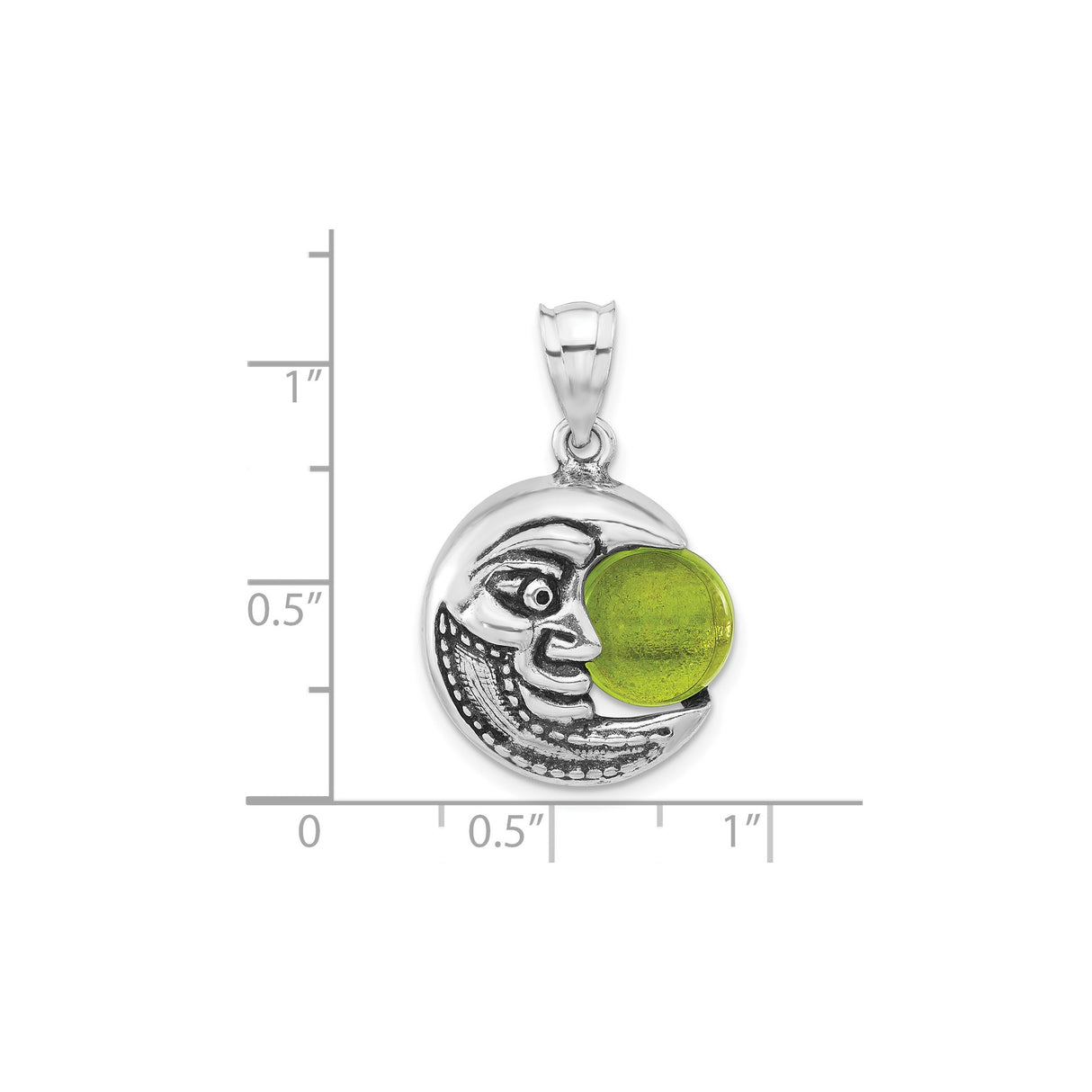 Sterling Silver Crescent Moon Face Pendant with Green Glass Orb, Celestial Boho Jewelry for Women