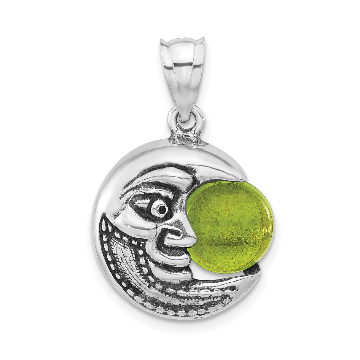 Sterling Silver Crescent Moon Face Pendant with Green Glass Orb, Celestial Boho Jewelry for Women