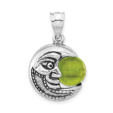 Sterling Silver Crescent Moon Face Pendant with Green Glass Orb, Celestial Boho Jewelry for Women
