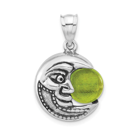 Sterling Silver Crescent Moon Face Pendant with Green Glass Orb, Celestial Boho Jewelry for Women