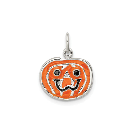 Sterling Silver Pendant, Orange Enamel Halloween Pumpkin Jack-o-Lantern Charm