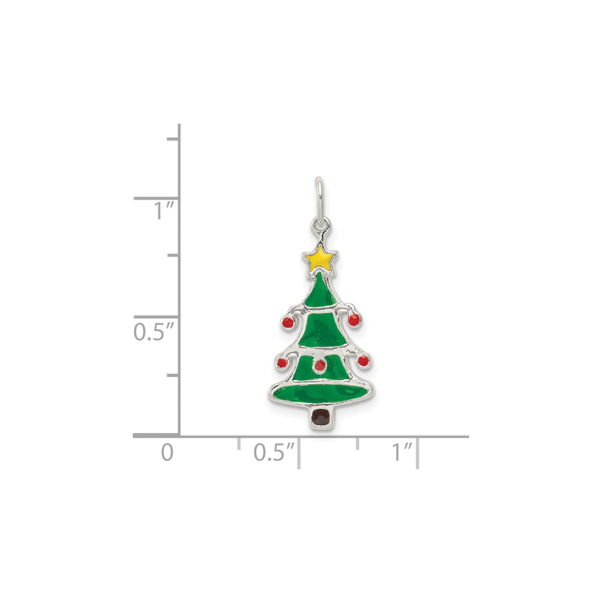 Sterling Silver Christmas Tree Pendant with Green Enamel, Red Accents, Yellow Star Topper