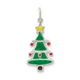 Sterling Silver Christmas Tree Pendant with Green Enamel, Red Accents, Yellow Star Topper