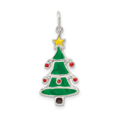 Sterling Silver Christmas Tree Pendant with Green Enamel, Red Accents, Yellow Star Topper
