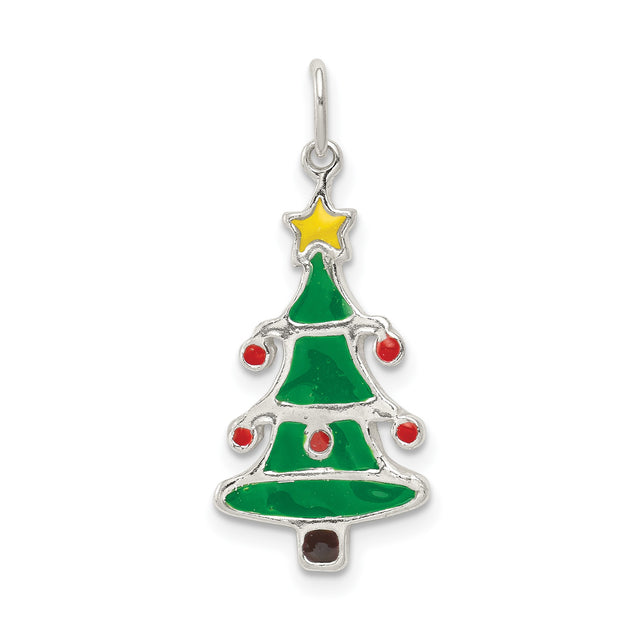 Sterling Silver Christmas Tree Pendant with Green Enamel, Red Accents, Yellow Star Topper