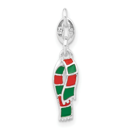 Green and Red Winter Christmas Scarf Charm Pendant in Real 925 Sterling Silver