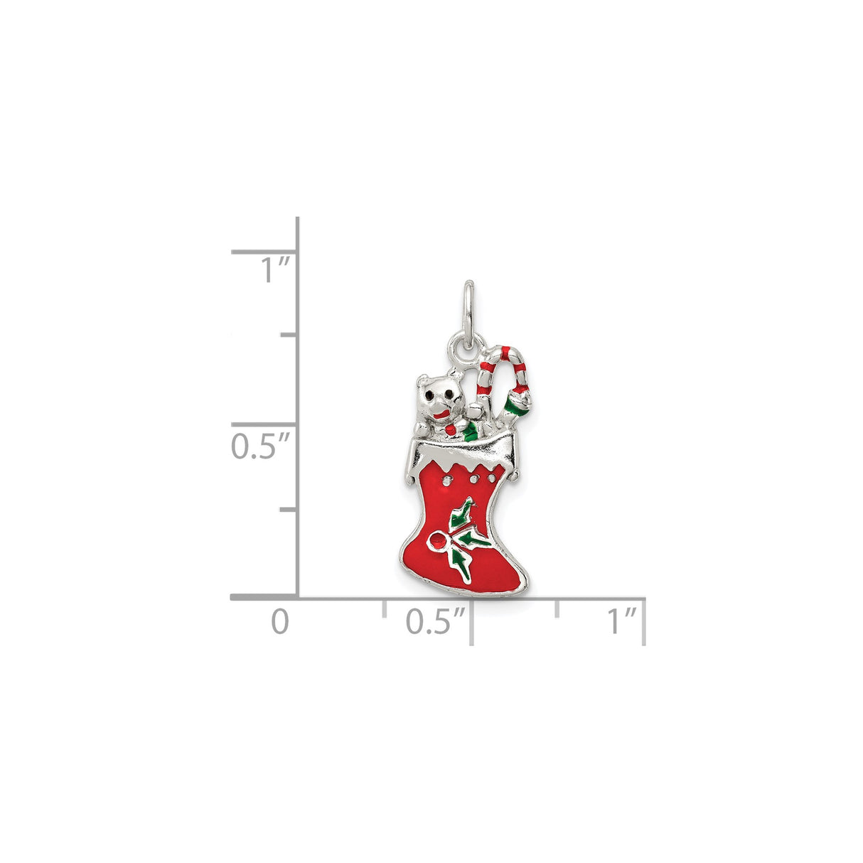 Sterling Silver Charm, Christmas Stocking with Teddy Bear, Candy Canes and Holly Detail