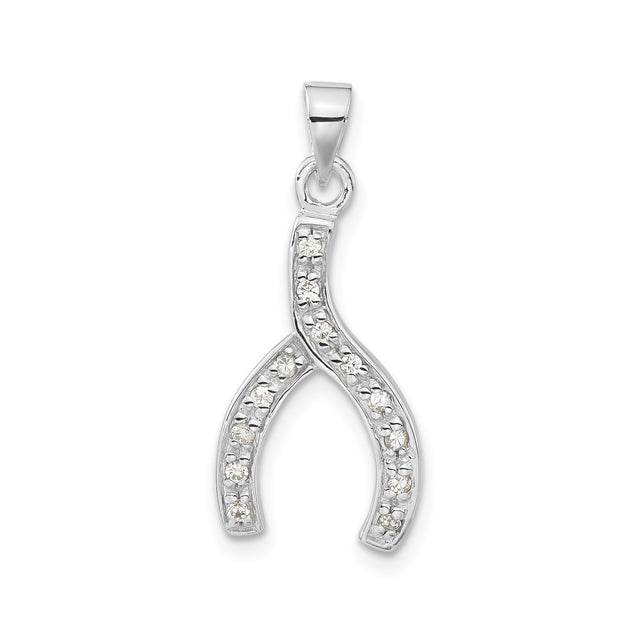 Sterling Silver Wishbone Pendant with Cubic Zirconia Accents, Symbol of Hope and Luck