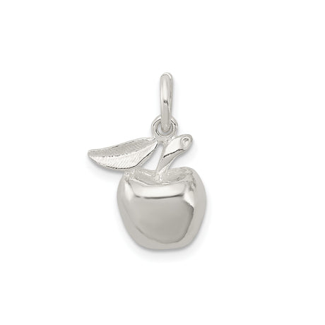 Sterling Silver Apple Charm Pendant with Leaf Detail, Three-Dimensional Nature Design