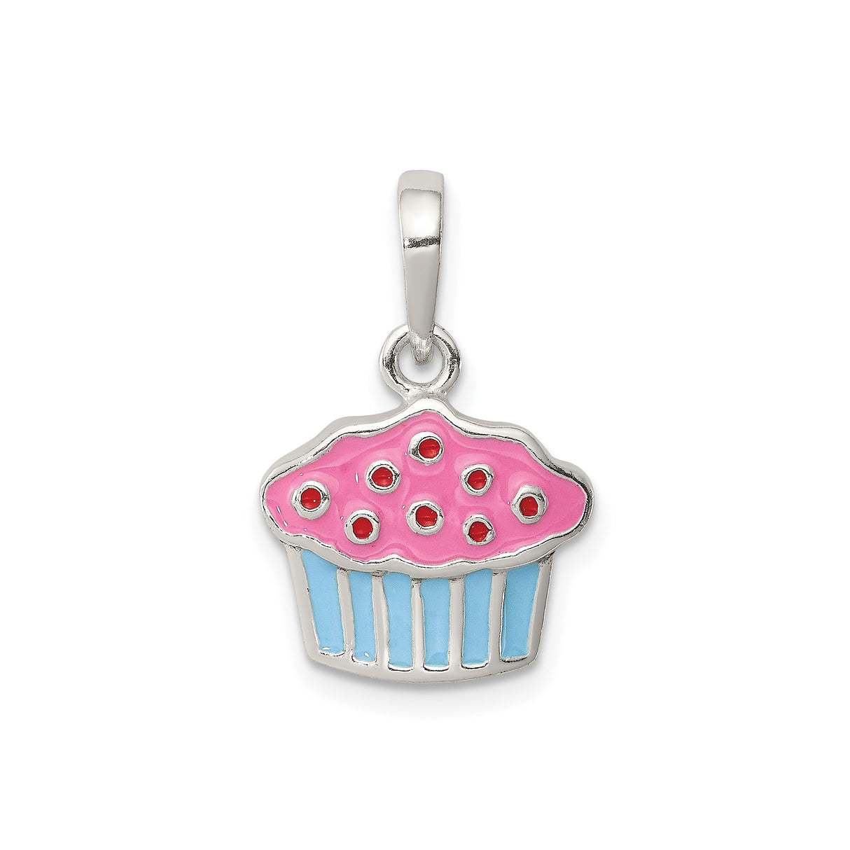 Sterling Silver Cupcake Pendant with Pink Frosting and Red Sprinkles, Whimsical Enamel Charm