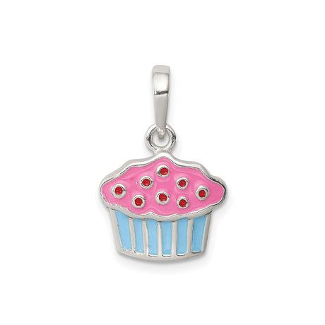 Sterling Silver Cupcake Pendant with Pink Frosting and Red Sprinkles, Whimsical Enamel Charm