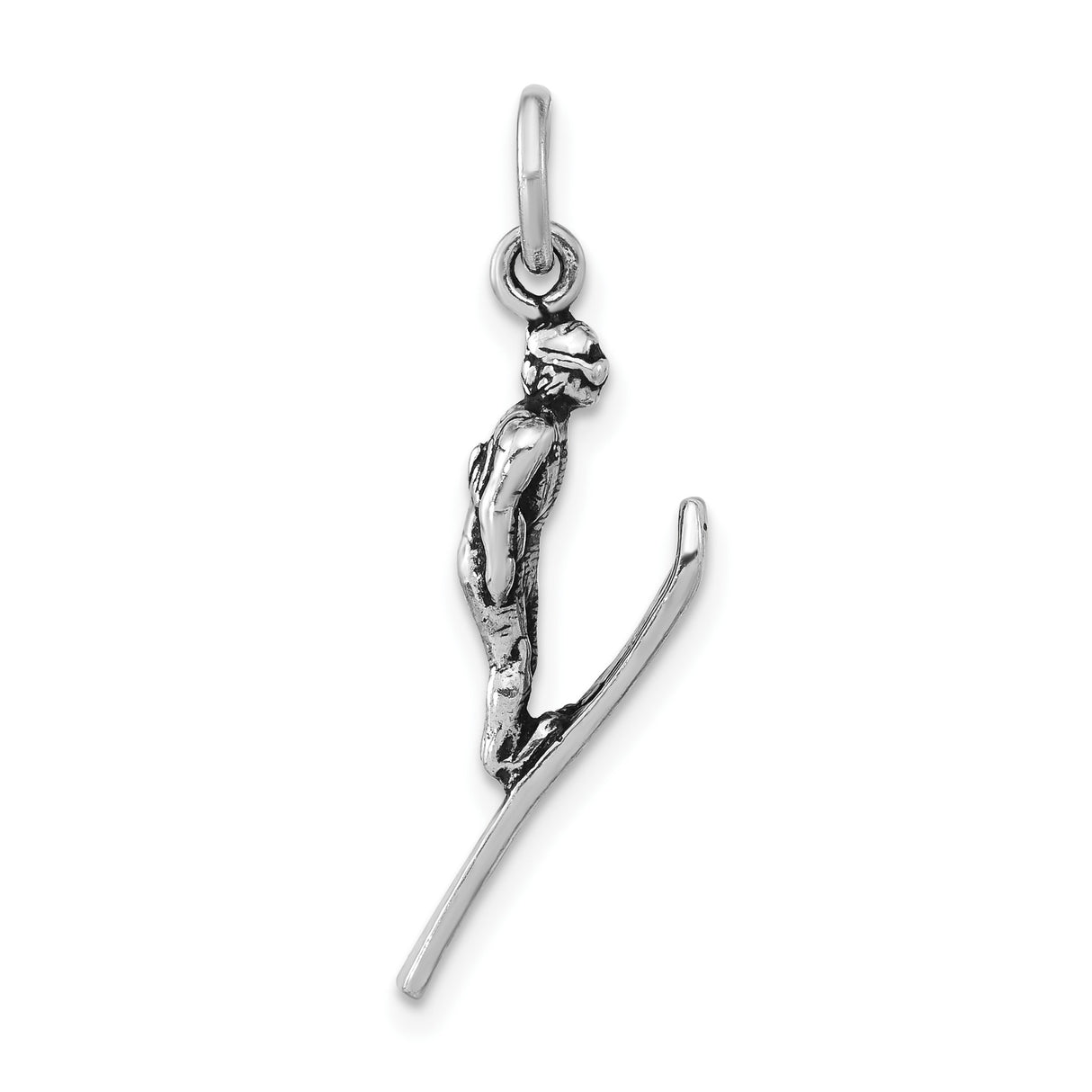 Sterling Silver Ski Jumper Pendant Charm with Detailed Male Skier in Mid-Flight Design