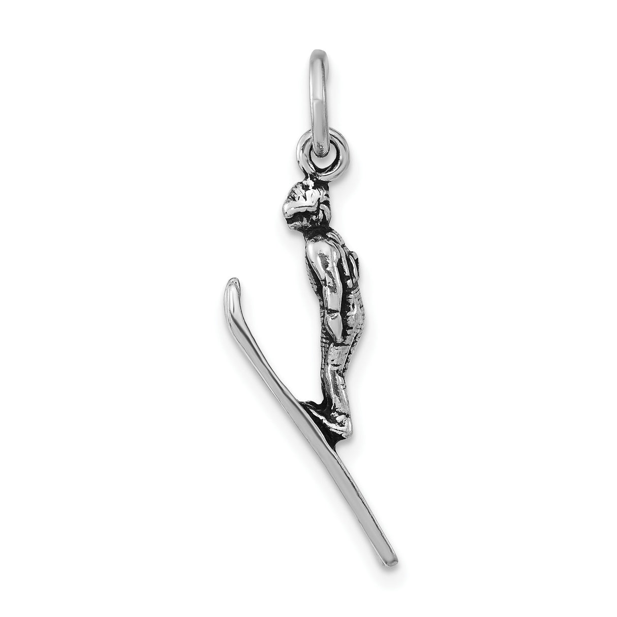 Sterling Silver Ski Jumper Pendant Charm with Detailed Male Skier in Mid-Flight Design