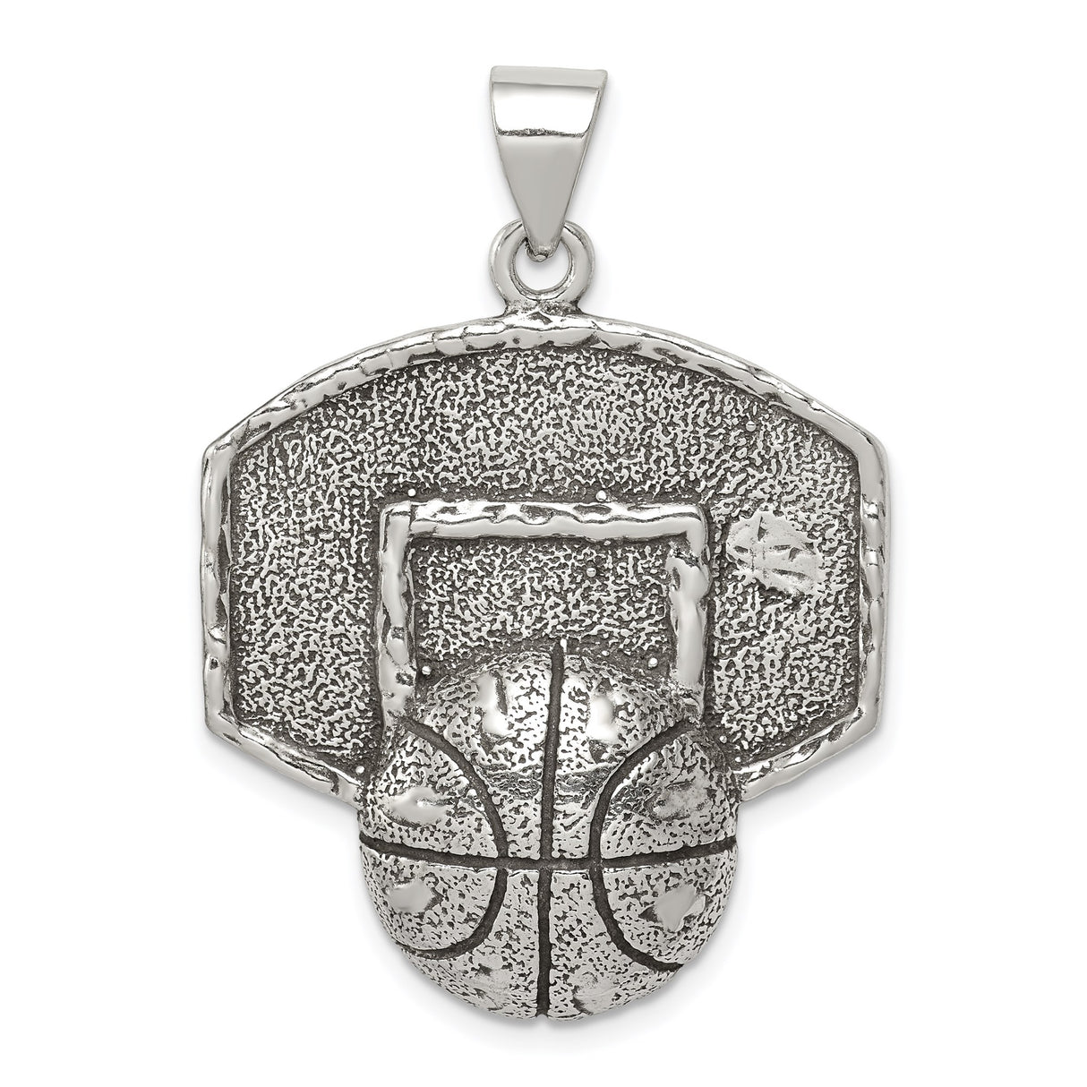 Sterling Silver Basketball Pendant with Detailed Backboard and Hoop Design