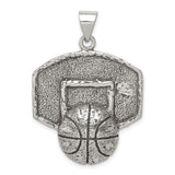 Sterling Silver Basketball Pendant with Detailed Backboard and Hoop Design
