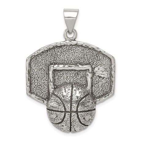 Sterling Silver Basketball Pendant with Detailed Backboard and Hoop Design