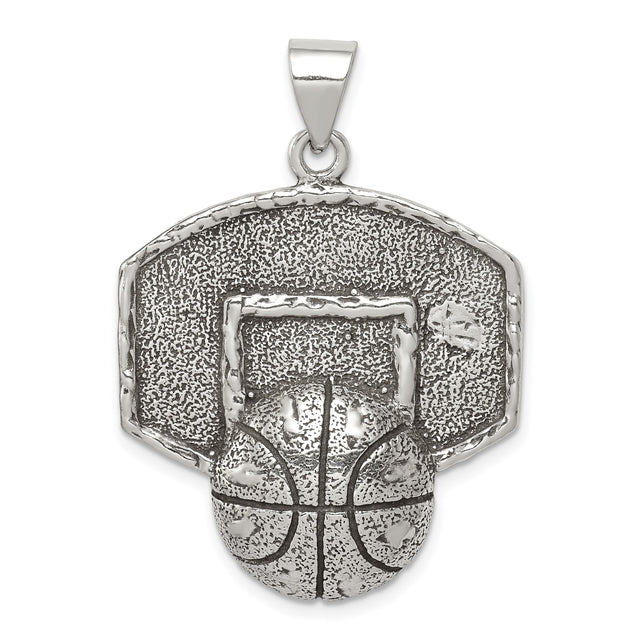 Sterling Silver Basketball Pendant with Detailed Backboard and Hoop Design