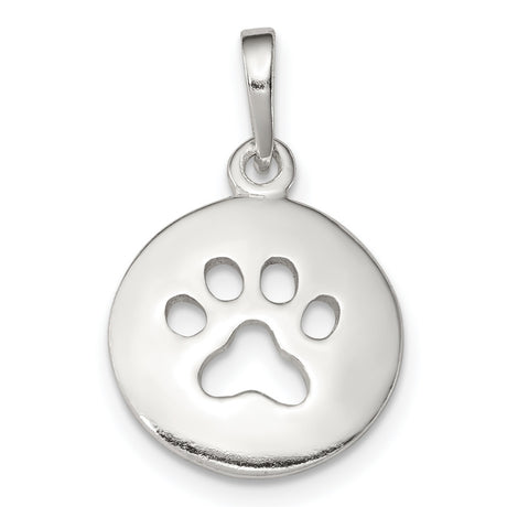 Polished Paw Print Cut-Out On Disc Shaped Charm Pendant in Real 925 Sterling Silver