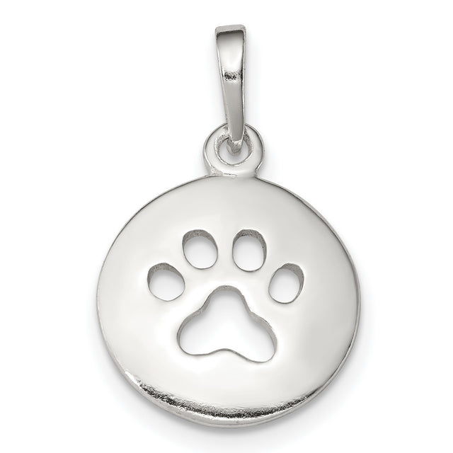 Polished Paw Print Cut-Out On Disc Shaped Charm Pendant in Real 925 Sterling Silver